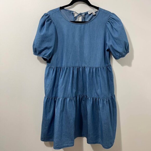 Jack + Avery Babydoll Chambray Tiered Dress + Tie Back Detail [size M] - Picture 1 of 9